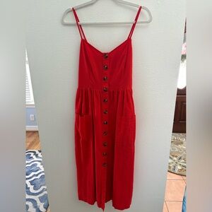 American Eagle Outfitters Vibrant Red Midi Dress Button Down Small linen cotton